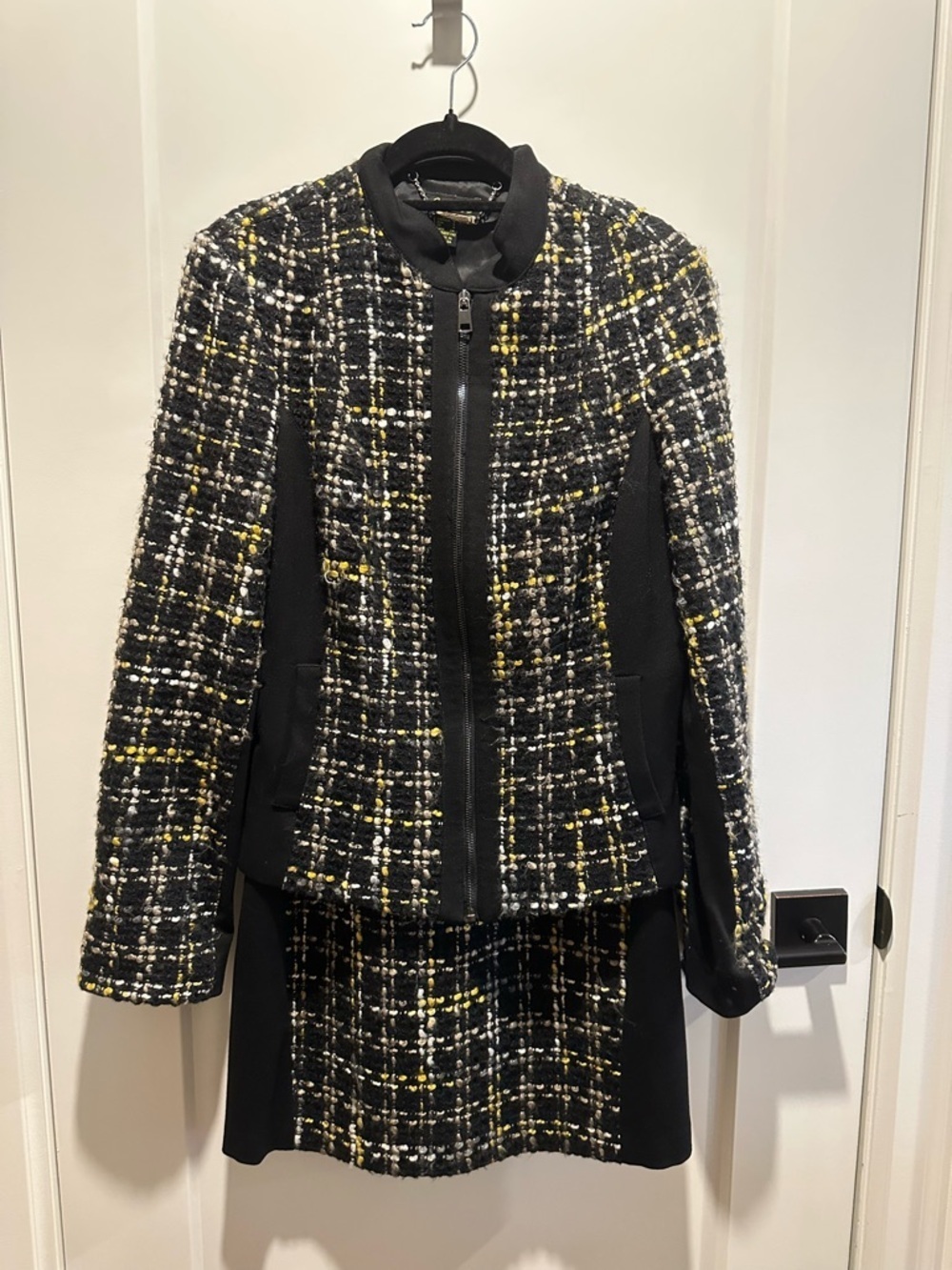 Black Tweed Zip Jacket with Yellow Accent Detailing
